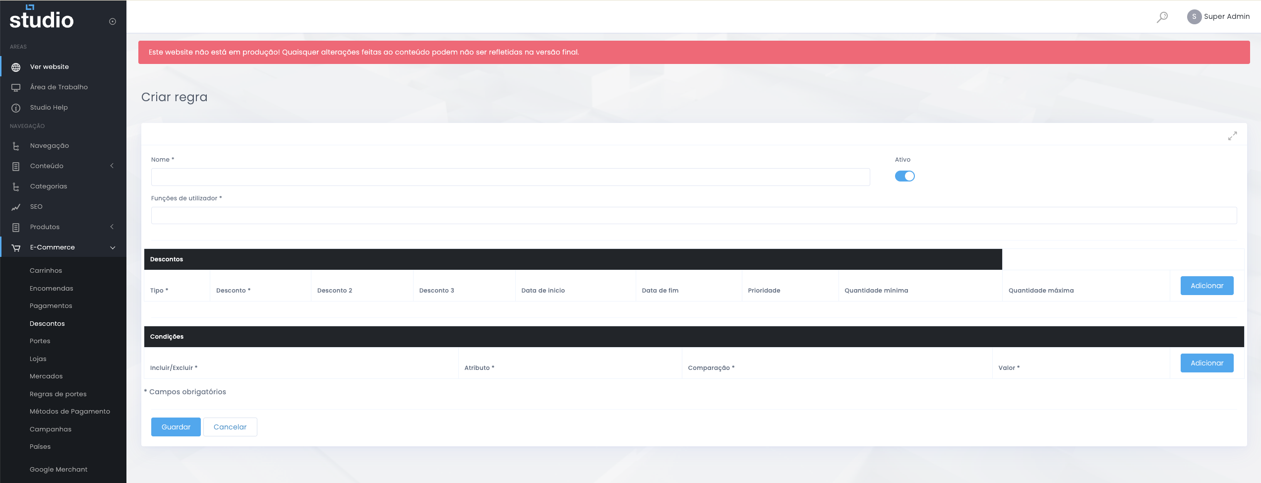 Criação de uma nova regra de desconto no E-commerce do Studio CMS